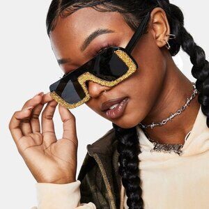 Square Half frame Oversize Black Sunglasses with gold detail.